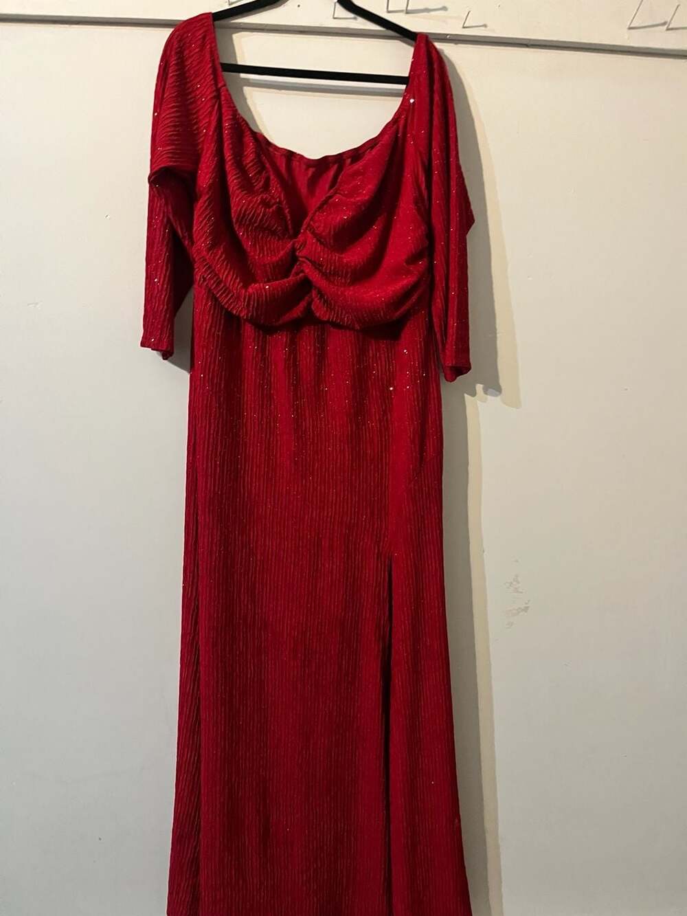 009-0035 SHEIN Curve Women's Off-Shoulder Gathered Shiny Red Maxi Dress with Fro